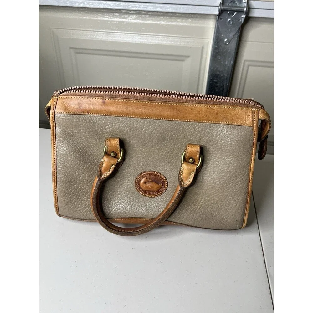Vintage Dooney & Bourke All-Weather Leather Pebbled Satchel in Taupe and Brown